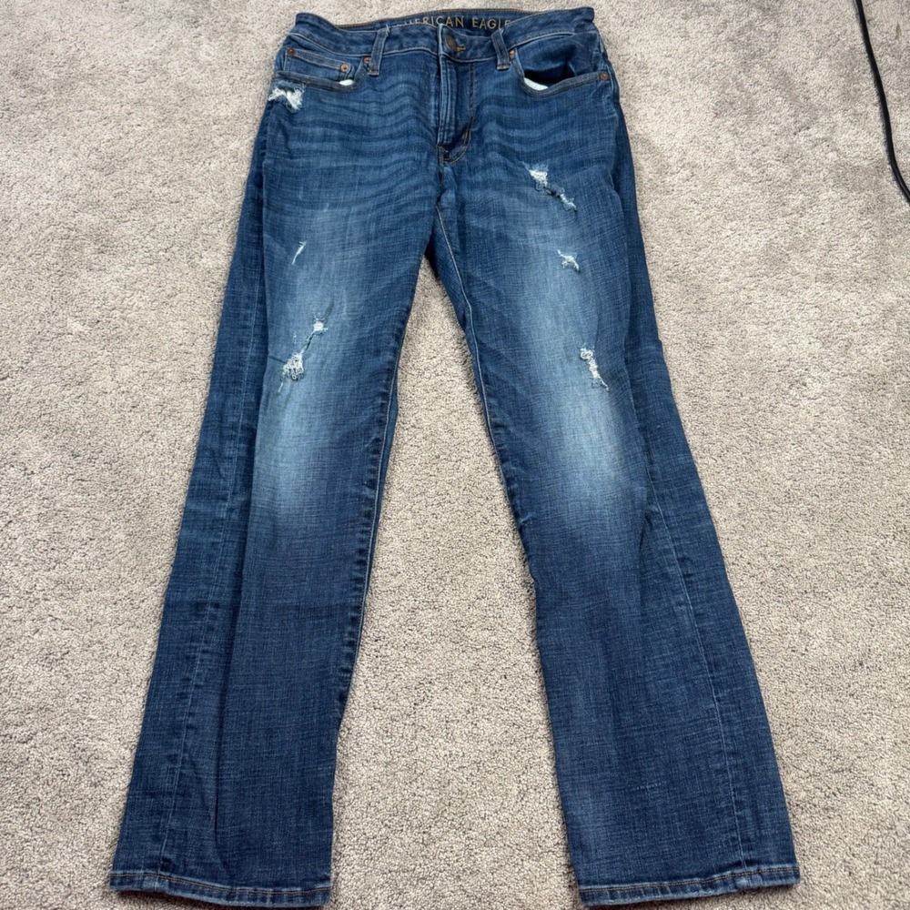 American Eagle Men's 30x30 Slim Straight Dark Wash Destressed Jeans